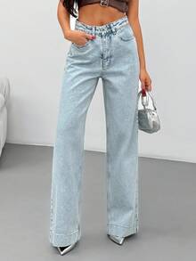 EURMUSE HIGH WAIST STRAIGHT JEAN PANT STYLE CASUAL - Medium Wash - View 1