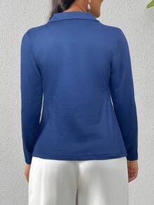 SHEIN Privé 大码纯色修身褶皱领休闲T恤 - 藏蓝色 - 查看 2