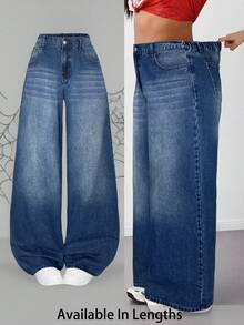 SHEIN Tall CURVE 大尺碼女款休閒賽車風 1960s 寬鬆寬腿牛仔褲，鈕扣與鬆緊腰設計，時尚週淺藍色，適合夏季正式場合與約會之夜 - 中等水洗藍 - 查看 1