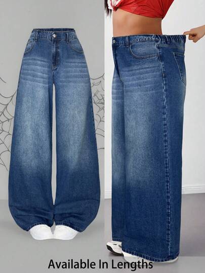 SHEIN Tall CURVE Plus Size Women Casual Racing 1960s Loose Wide Leg Jeans With Button And Elastic Waist Fashion Week Light Blue Summer Formal Date Night