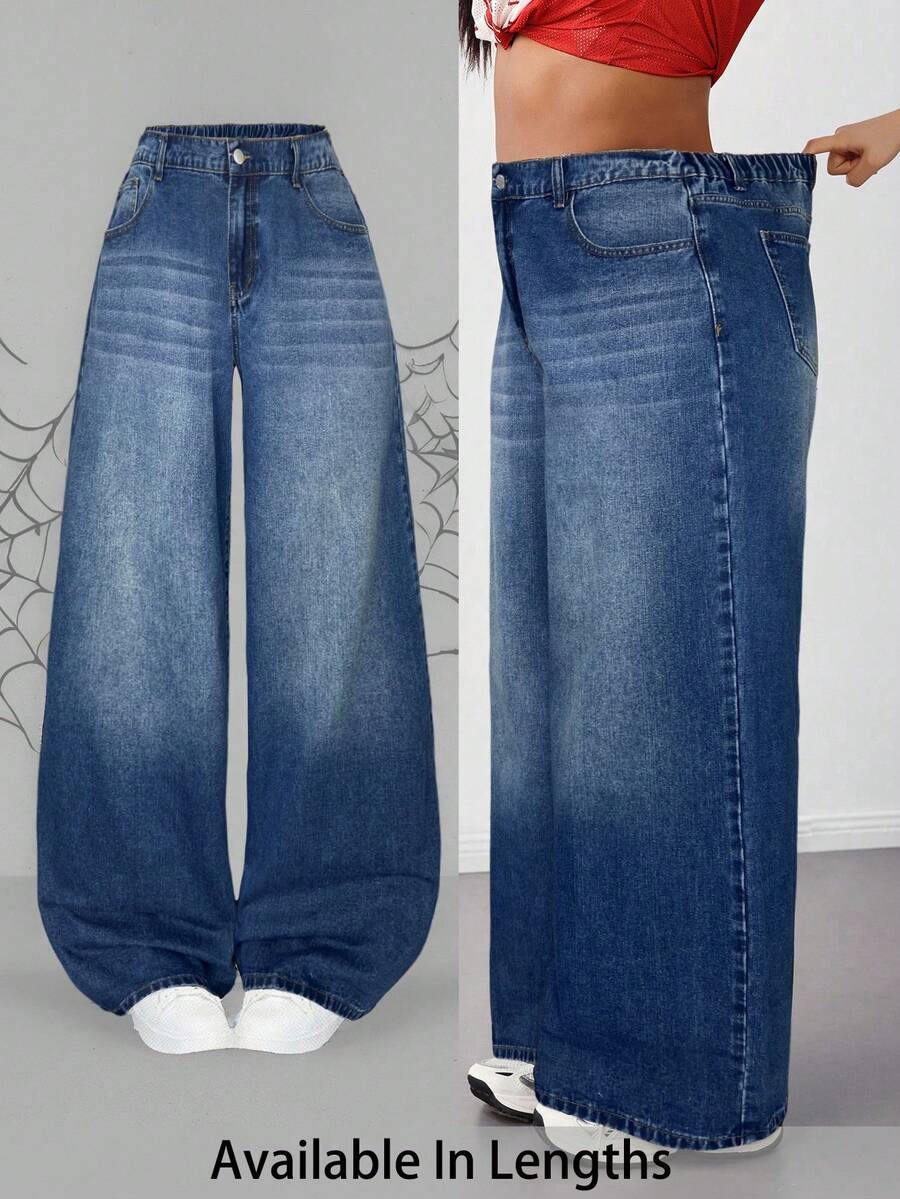 SHEIN Tall CURVE 大尺碼女款休閒賽車風 1960s 寬鬆寬腿牛仔褲,鈕扣與鬆緊腰設計,時尚週淺藍色,適合夏季正式場合與約會之夜 - 中等水洗藍 - 查看 1