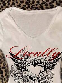 Attitoon Women's V-Neck Casual Minimalist Heart Wing Thorn Rose Letter Retro Punk Goth Print Fitted Long Sleeve T-Shirt, Versatile For Matching, Airport White Tee, Y2KIn Fall/Winter