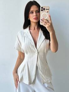 Firerie 女士休闲/办公室时尚新款棉麻条纹腰部短袖翻领衬衫，杏色 - 杏色 - 查看 4