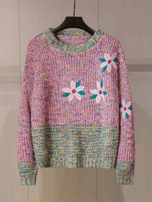 Franclia 女士时尚柔软多色圆领宽松刺绣长袖针织毛衣，秋冬 - 彩色 - 查看 3