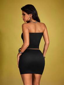 INAWLY Women Solid Strapless Tops & Skirt For Summer - Black - View 2