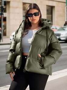 EURMUSE Plus Solid Zip Up Hooded Padded Coat - Green - View 4