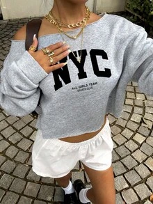 SHEIN EZwear 女式露肩纽约字母印花短款运动衫，健身舞蹈运动衫，秋冬宽松圆领长袖厚套头运动衫，时尚款式适合街头和机场穿着 - 彩色 - 查看 5