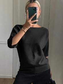 DAZY Women's Solid Color Fitted Boat Neck 3/4 Sleeve Casual Elegant Knit Top, Autumn/Winter - Black - View 3