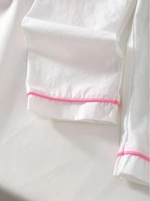 女童幼儿睡衣套装，春秋新款棉质舒适长袖开衫，有领，撞色饰边，心形刺绣口袋衬衫+裤子家居服套装，可爱又时尚 - 白色 - 查看 5