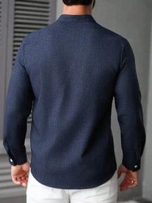 Manfinity CasualCool Men's Casual Stand Collar Long Sleeve Shirt, Suitable For Daily Wear, Navy Blue Business Button-Down Dress Shirt, Old Money, Fall