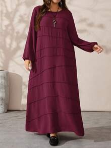 EMERY ROSE Plus Size Women's Solid Color Round Neck Long Lantern Sleeve Loose Casual Dress - Burgundy - View 5