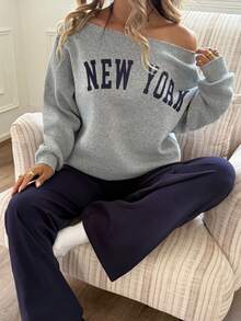 SHEIN Teen Girls Off-Shoulder Letter Print Sweatshirt And Flare Leg Pants Set, Autumn/Winter Outfit Fall - Multicolor - View 6