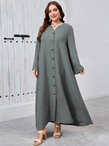 SHEIN Najma 优雅舒适的布艺纽扣装饰女式宽松连衣裙