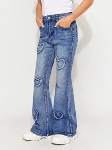 Radiana Tween Girls Y2K Fashion Stonewashed Heart Pattern High Waist Flare Leg Jeans, Girls Fall Clothes Streetwear Outfits - Medium Wash - View 1