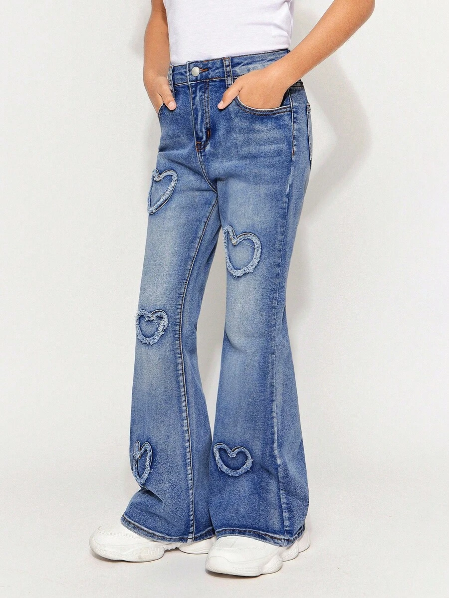 Radiana Tween Girls Y2K Fashion Stonewashed Heart Pattern High Waist Flare Leg Jeans, Girls Fall Clothes Streetwear Outfits - Medium Wash - View 1