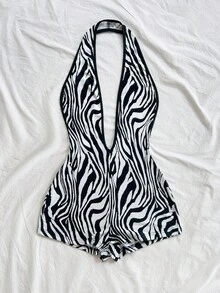 Soleia 女士秋冬假期斑马纹针织弹力面料深 V 露背性感紧身连体衣，适合派对、约会、下午茶、波西米亚风度假、海滩、夏季服装 - 黑色 - 查看 6