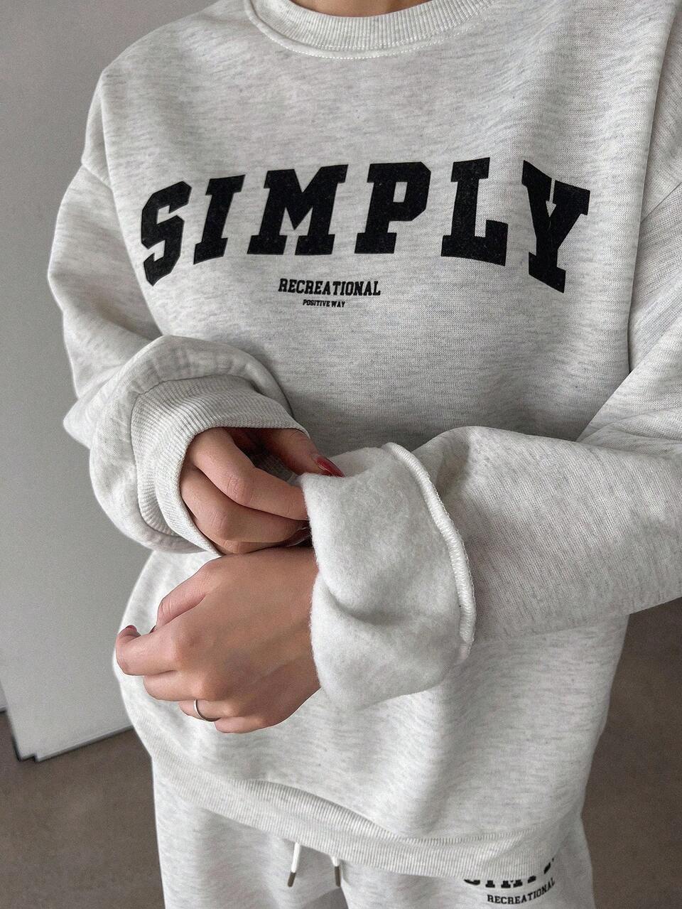2pcs/Set Women Solid Color Fleece Crew Neck Sweatshirt And Letter Print Sweatshirt,Fall Clothes Tracksuits Women Set Lounge Sets For Women