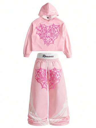Manfinity EMRG Conjunto de pantalón de chándal y sudadera con capucha forrada de forro polar con bordado 3D de tela de araña, estilo callejero popular para hombres, para festival de música al aire libre, regalo para novio/esposo, regalo de aniversario, ropa rosa, ropa urbana rosa, ropa Kpop, conjunto de 2 piezas, otoño/invierno