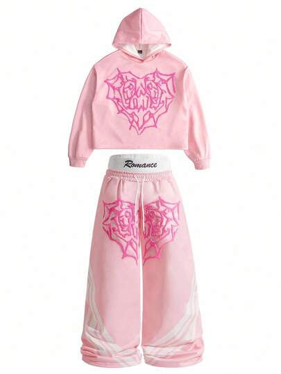 Manfinity EMRG 男士街头风流行INS风蜘蛛网3D刺绣运动裤+保暖连帽衫套装，户外音乐节、夜店送给男友/老公的礼物，周年纪念礼物，粉色系服装，粉色街头风韩流服饰，两件套粉色系穿搭，秋冬款