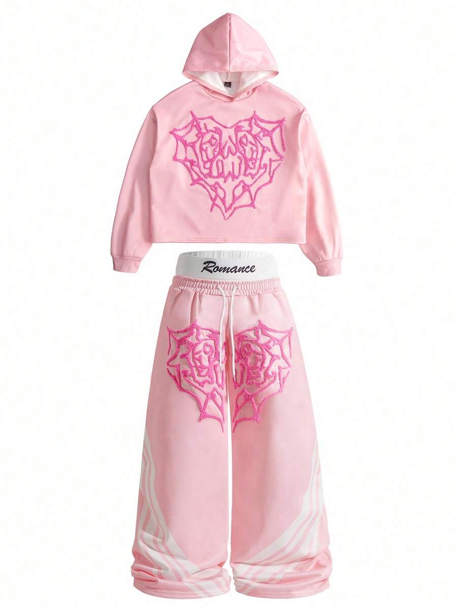 Manfinity EMRG 男士街头风流行INS风蜘蛛网3D刺绣运动裤+保暖连帽衫套装，户外音乐节、夜店送给男友/老公的礼物，周年纪念礼物，粉色系服装，粉色街头风韩流服饰，两件套粉色系穿搭，秋冬款 - 粉色 - 查看 1