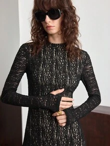 Ontre 2026春夏蕾丝连衣裙，优雅简约设计，黑色，修身剪裁，舒适蕾丝面料，休闲翻领，适合工作、日常穿着、度假、派对、婚礼宾客等多种场合，质感面料，时尚畅销女士长裙 - 黑色 - 查看 7