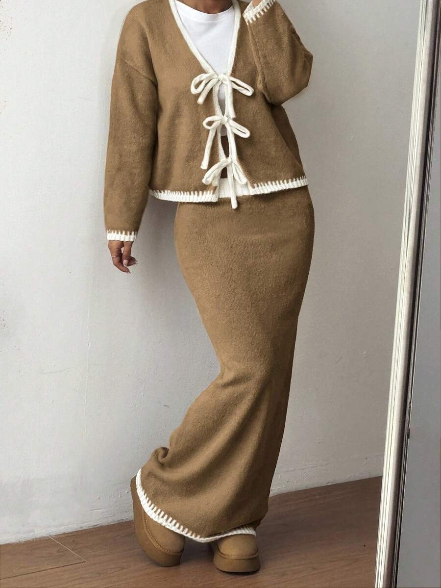 Flirla 2件套渐变蝴蝶结肩带休闲基础针织套装,秋冬款 - 彩色 - 查看 1