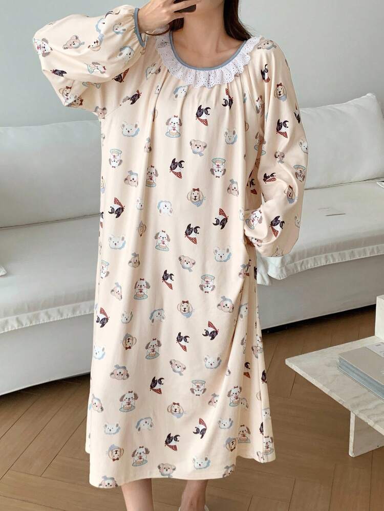 Cartoon Puppy Print Contrast Trim Ruffle Collar Loose Long Women Nightgown, Fall Pajama