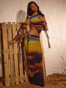 Opulessa Váy Maxi In Lưới Dệt Kim Mùa Thu Cho Nữ Phong Cách Hoàng Hôn, Ngày Quốc Khánh, Năm Mới, Tiệc Sang Trọng, Tốt Nghiệp, Dạ Hội, Buổi Tối Sang Trọng Cho Nữ, Váy Maxi Ombre - Màu xanh lam - Xem 5