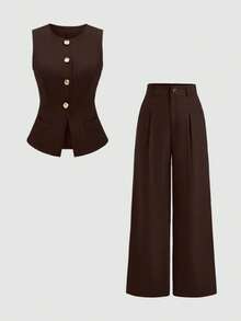 Sweetra 1 Set Solid Color Single-Breasted Vest, Pleated Wide-Leg Pants Suit
