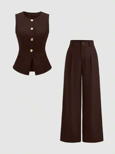 Sweetra 1 Set Solid Color Single-Breasted Vest, Pleated Wide-Leg Pants Suit