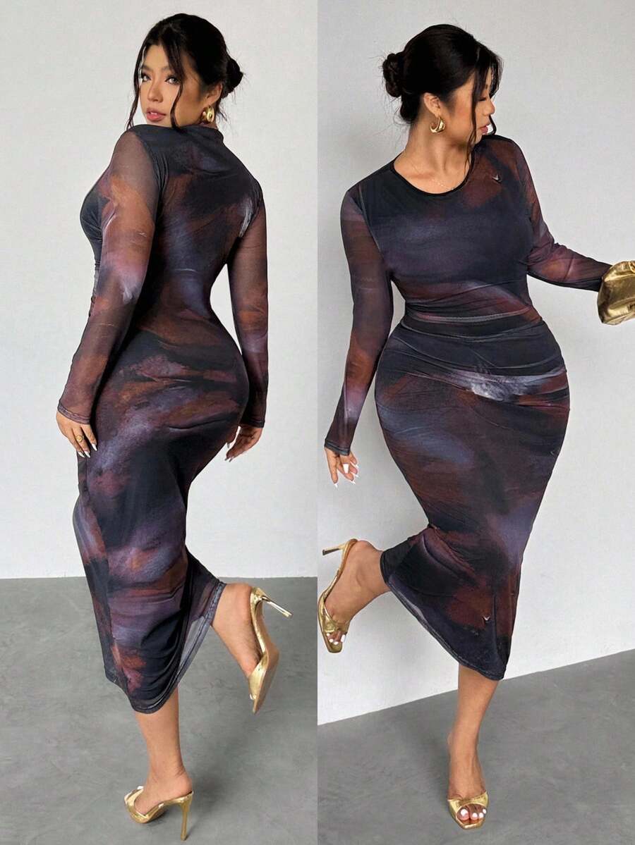 Firerie 优雅长袖扎染印花褶腰长裙不对称领长袖优雅约会夜裙网眼弹性面料大码女式连衣裙/休闲时尚度假返校长裙 - 彩色 - 查看 1