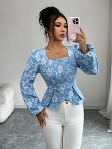 SHEIN PETITE 优雅精致方领腰部纽扣装饰纹理提花面料长袖女式衬衫 - 藍色 - 查看 6