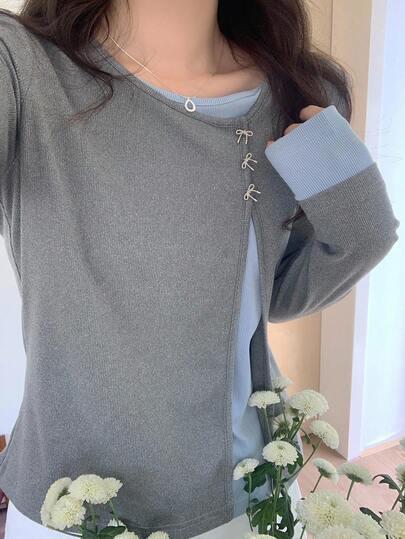 DAZY 女士撞色长袖二合一斜领圆领蝴蝶T恤，秋季服装