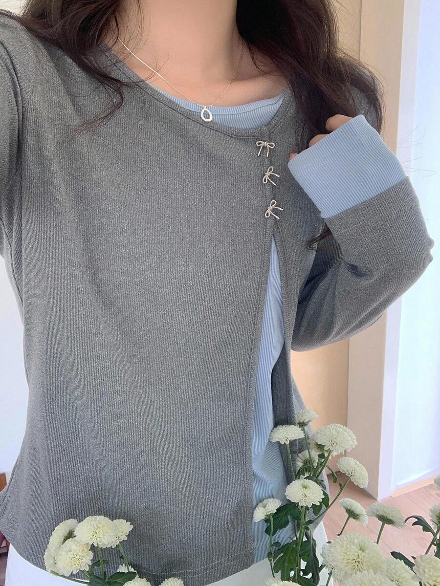 DAZY 女士撞色长袖二合一斜领圆领蝴蝶T恤，秋季服装