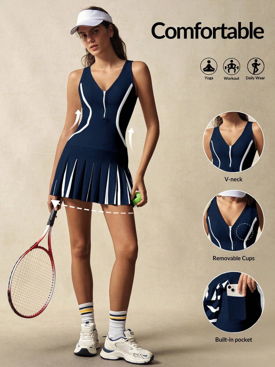 VARSIVA Women's Contrast Stripe Pleated Sleeveless Sports Dress