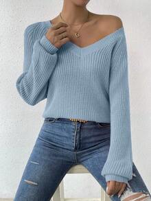 EMERY ROSE 女式休闲纯色V领插肩袖毛衣，秋冬 - 淺藍色 - 查看 3