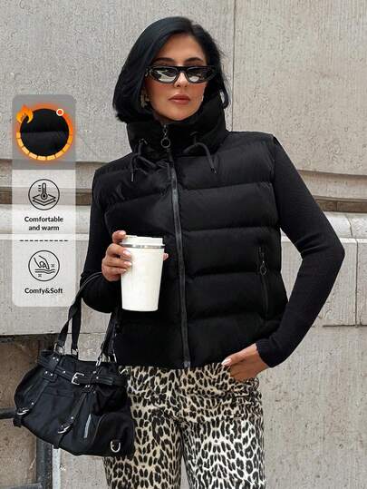 EURMUSE Woman Solid Color Woven Padded Insulated Hood Neck Zip Up Front Crop Length High Quality Velvet Look Casual Winter Jacket Coat Leopard Print