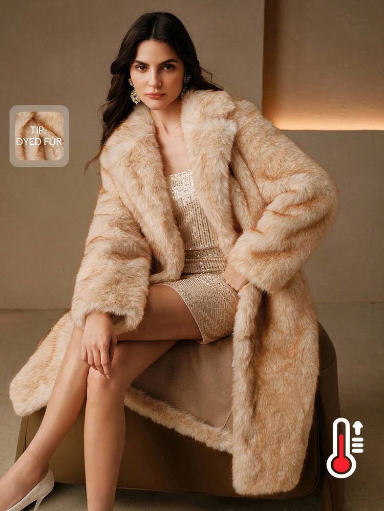 レトロ フェイクファー カラー アプリコット ロングコート、エレガントなラグジュアリー フォーマル シック アウターウェア 秋冬、クリスマス、新年、パーティー向け