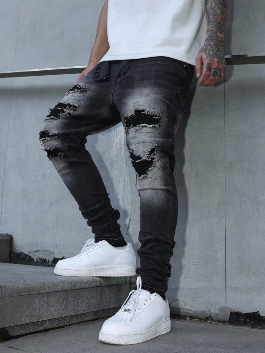 Manfinity EMRG Quần Jeans Denim Miếng Dán Cho Nam, Quần Ôm Vừa Phong Cách Đường Phố - màu đen - Xem 1