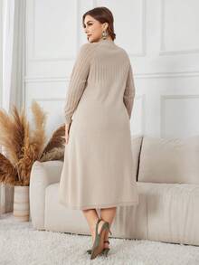 Lacomfia Vestido de punto de talla grande con textura y parches de unicolor para uso casual y de oficina - Gris Claro - Ver 2