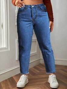 Plus Raw Cut Mom Fit Jeans - Dark Wash - View 1
