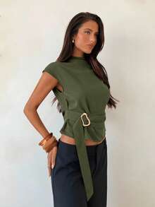 Aloruh Coffee Metal Buckle Decor Women's Stand Collar Short Sleeve Cropped Fashionable Commuter Shirt - Army Green - View 5