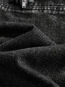 Tween Girl Washed Black Hooded Pocket Drawstring Cuff Casual Comfortable Vacation Fashion Street Soft Daily Wear Denim Sweatshirt Jacket, Thin, Spring/Autumn Fall Winter - Black - View 7