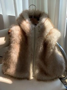 Muchica 秋冬时尚宽松连帽仿皮草背心 - 白色 - 查看 8