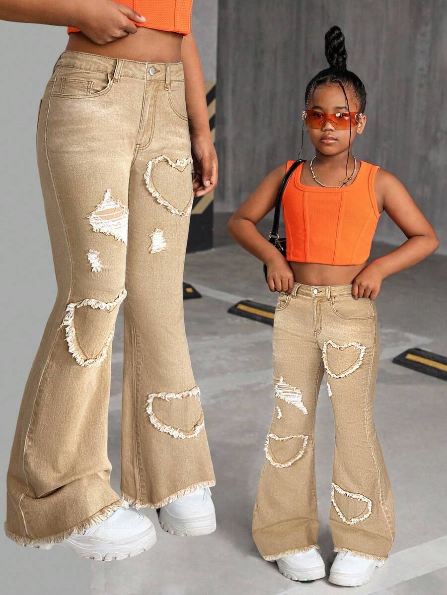 SHEIN Tween Girl Y2K Heart Pattern Distressed Denim Flare Leg Jeans, Fall Back To School - Khaki - View 1