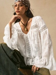 Easelle Vintage Boho Casual Nomadic V-Neck Ruffle Sleeve Loose Eyelet Romantic Baggy Women Blouse Free People - White - View 8