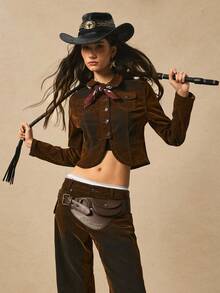 Easelle Áo khoác denim cổ bẻ phong cách Boho Chic cổ điển dành cho nữ Áo khoác nữ màu nâu Áo khoác nữ màu nâu ngắn Áo khoác nữ màu nâu nhung Áo khoác ngắn Áo khoác nữ kiểu miền Tây - Nhiều màu - Xem 11