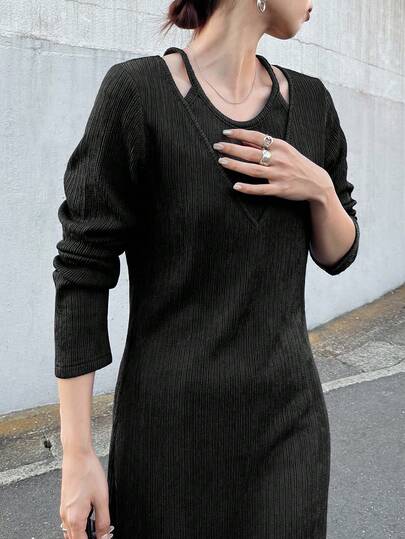 FRIFUL 简约宽松纯色长袖连衣裙，适合日常穿着