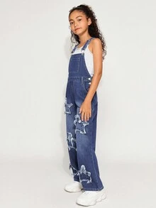 Radiana Tween 女童 Y2K 时尚休闲石洗磨边星星图案牛仔工装裤（不含背心），Tween 女童返校服装 - 中等水洗藍 - 查看 3