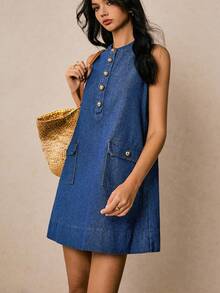 Poéselle 新品 女式牛仔连衣裙 半开襟无袖 A 字直筒连衣裙 蓝色 秋季服装 法式休闲 女士休闲连衣裙 度假连衣裙 返校节连衣裙 外出连衣裙 复古连衣裙 返校节生日连衣裙 女士教师装 纽扣连衣裙 女式牛仔连衣裙 牛仔迷你连衣裙 带口袋连衣裙 无袖牛仔连衣裙 纽扣前开襟连衣裙 带口袋牛仔连衣裙 - 中等水洗藍 - 查看 6
